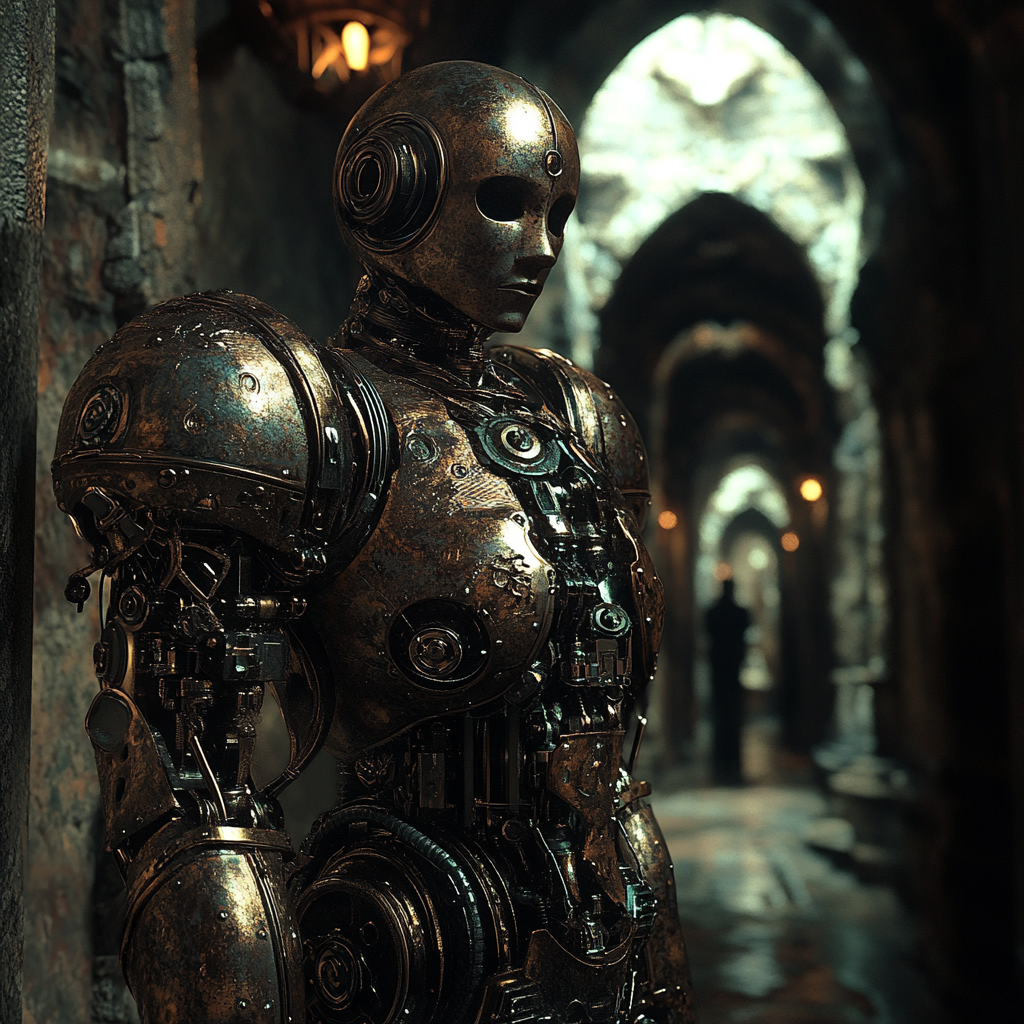 Steampunk bronze warrior automaton in dark corridor