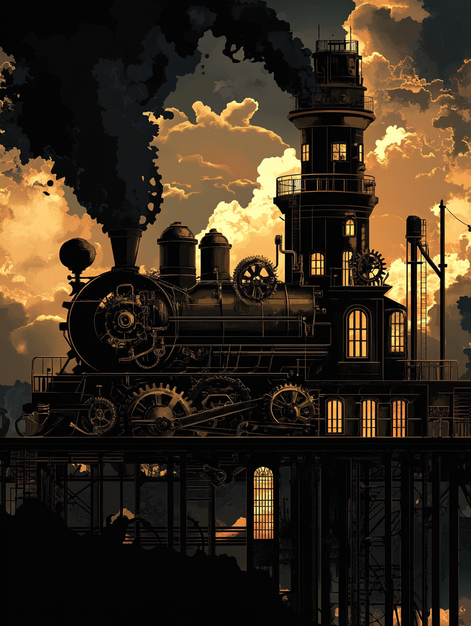 Steampunk train station building with gears and steam engine