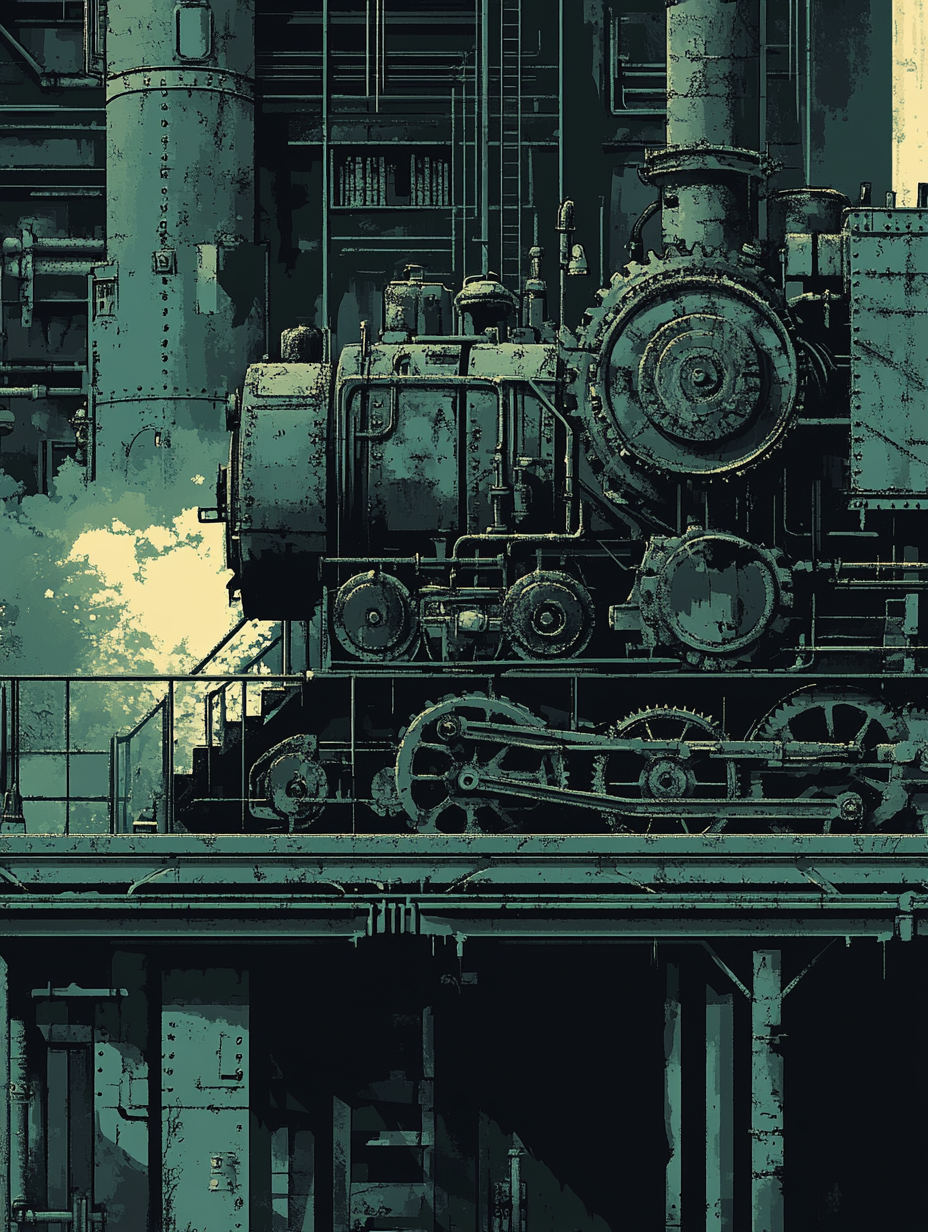 Steampunk train station with gears and steam engine