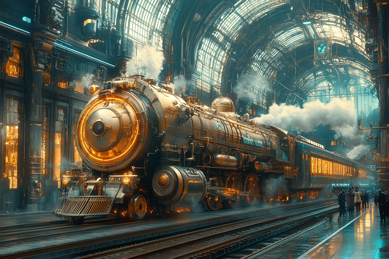 Steampunk trains at station with steam and sunlight.