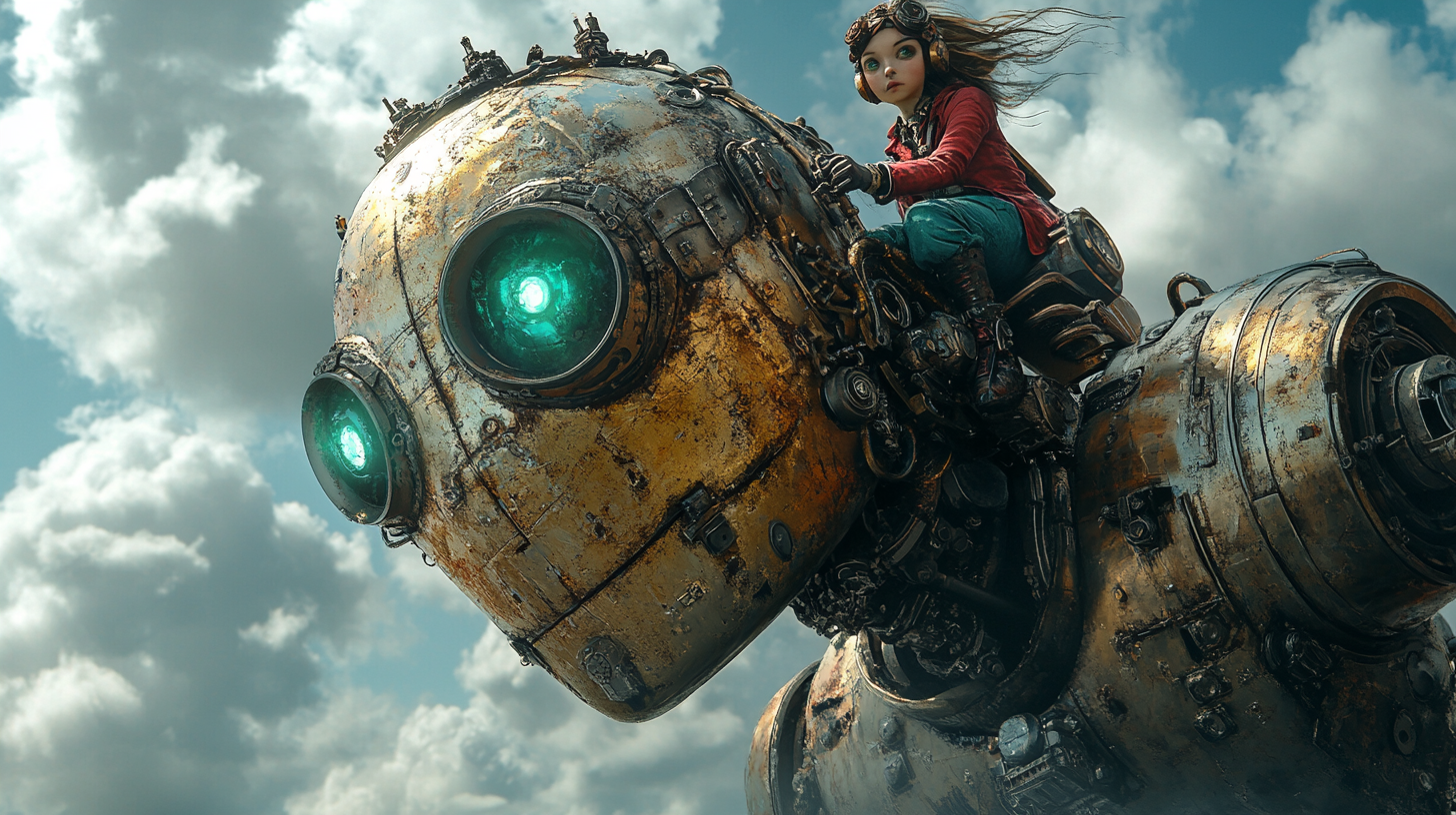 Steampunk woman and robot in Bella Kotak style.