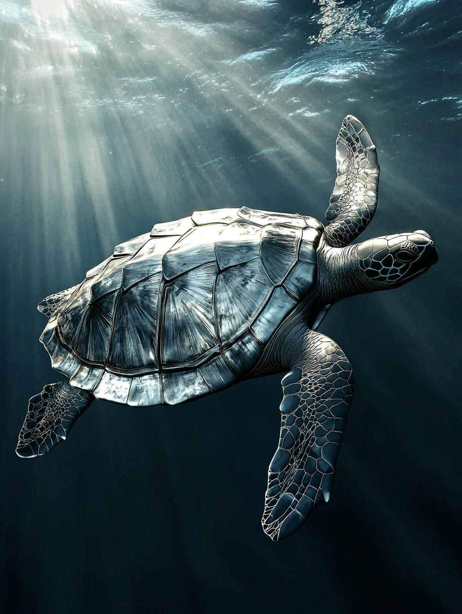 Steel-like turtle shell shines underwater, strong and durable.