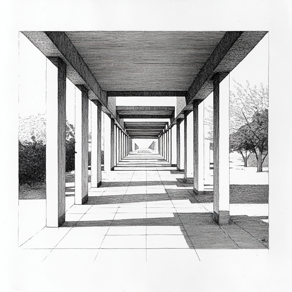 Stepped pergola roof in between rectangular buildings.