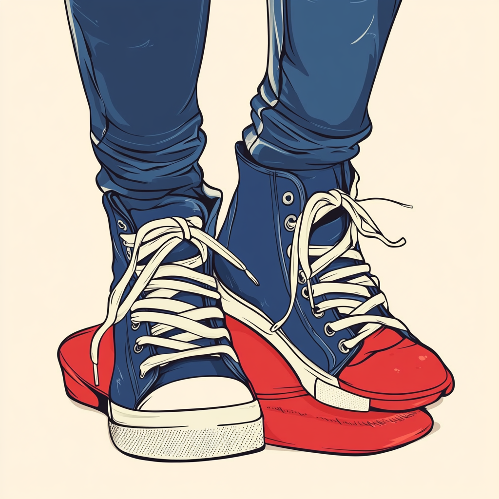 Stepping sneakers on cap, cuffed pants, cartoon style