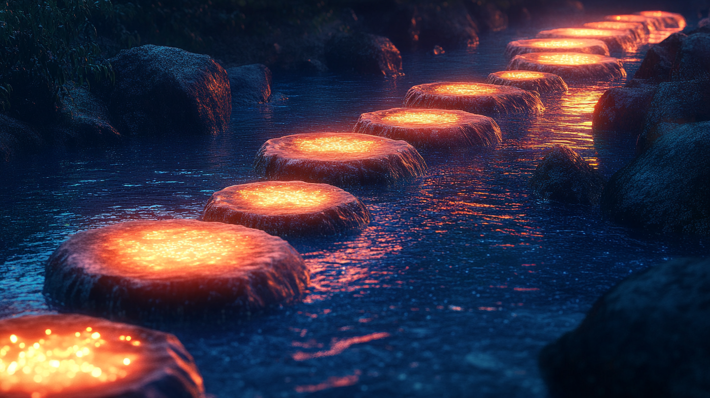 Stepping stones to bright goal over glowing river