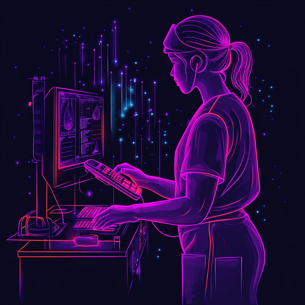 Sterile processing technician scanning with neon light and water.