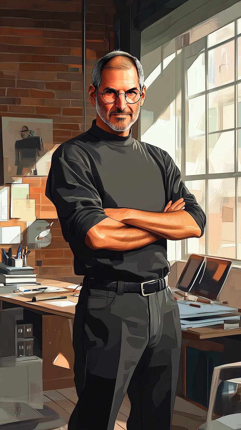 Steve Jobs in creative office with innovative products.