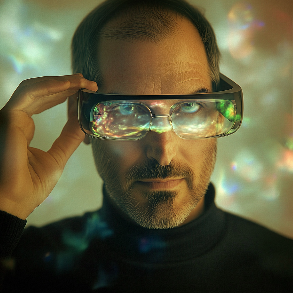 Steve Jobs looks at hologram in anime style