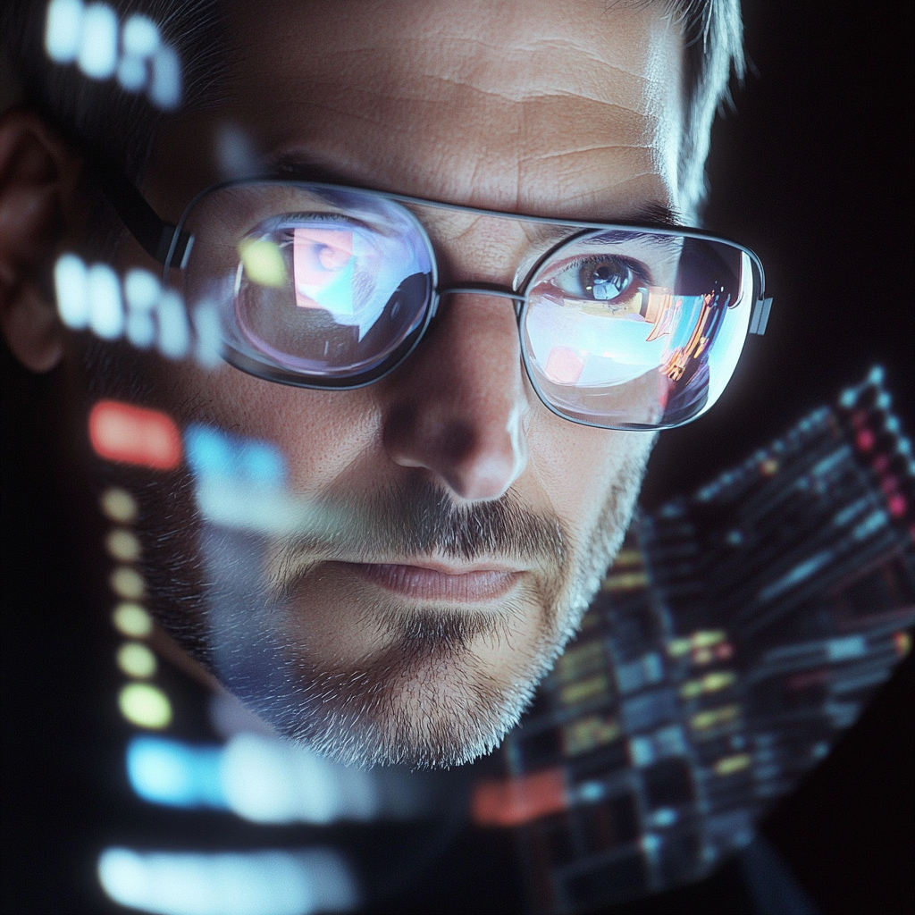 Steve Jobs wearing cool glasses, looking at hologram