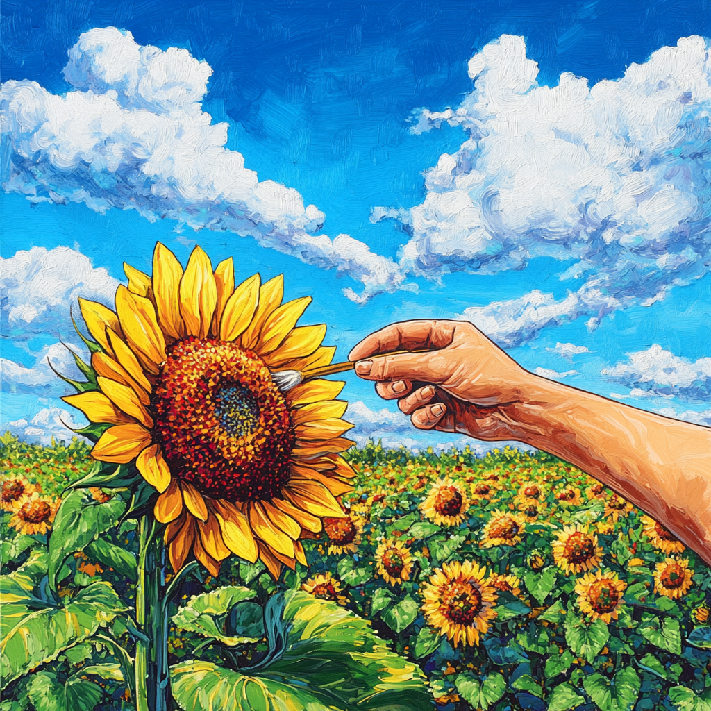 Stick figure picking sunflower at reality vortex. Bright, colorful.