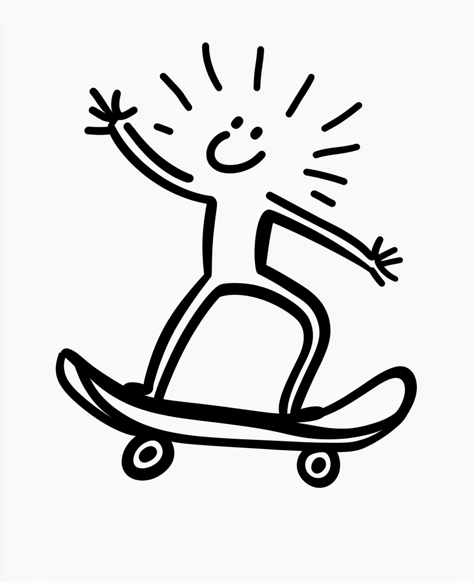 Stick figure surfing on Keith Haring sun with skateboard.