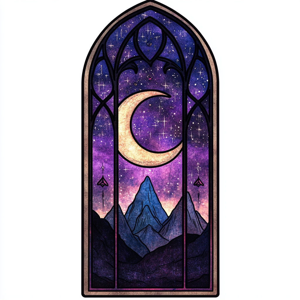 Sticker design with night sky, crescent moon, mountain silhouettes