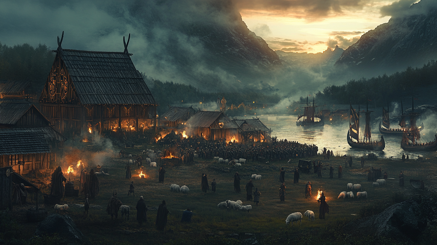 Still from fantasy D&D movie, wooden viking village defended.