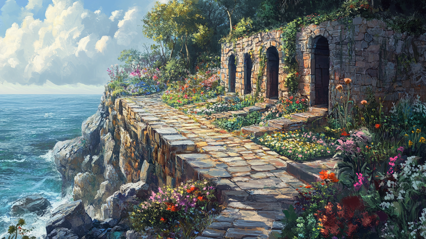 Stone Path Leads to Cliffside Doorways Garden