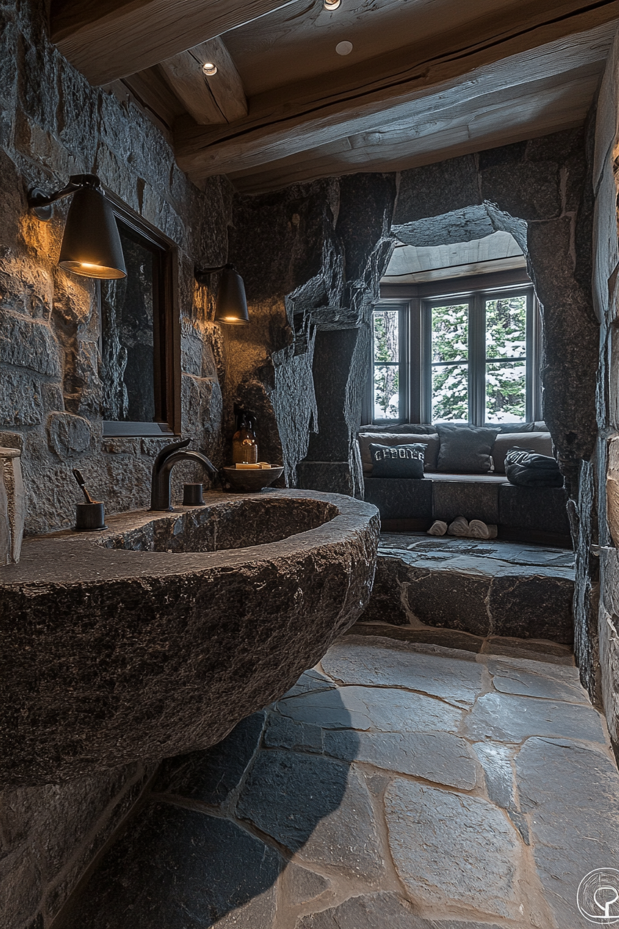 Stone Sanctuary bathroom with natural stone walls and basin.