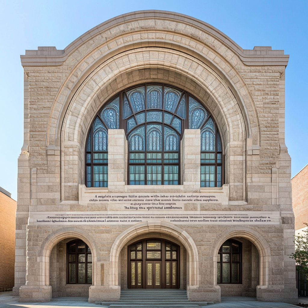 Stone-built synagogue with arched windows, invoking spiritual sanctuary.