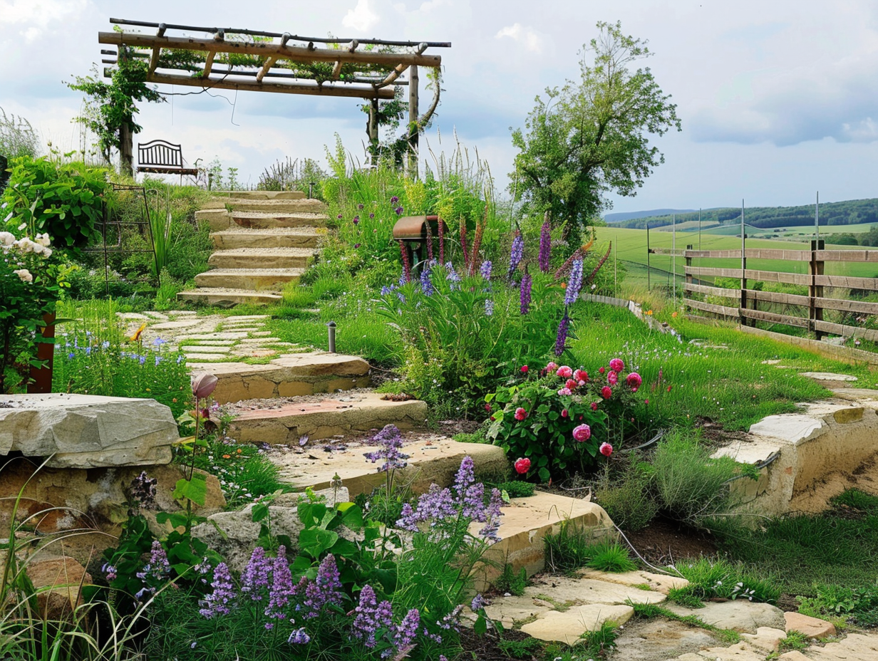 Stone steps, perennials, pergola, wooden bench in countryside garden.