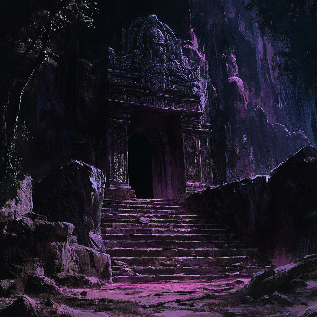 Stone temple in cave with purplish glow, intricate carvings.