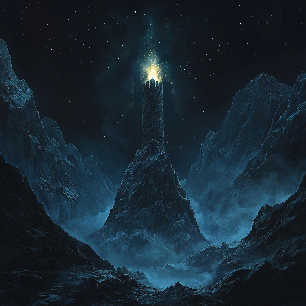 Stone tower in mountains, glowing gemstone illuminates surroundings.