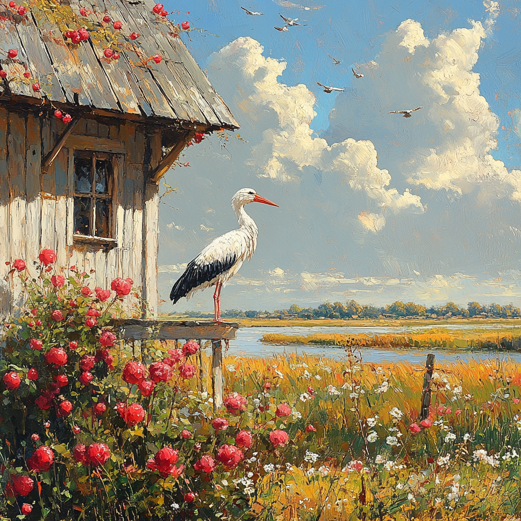 Stork flies to build nest at parents' house. Ukraine village. Flowers, old parents on porch. Sky with cranberry keys.