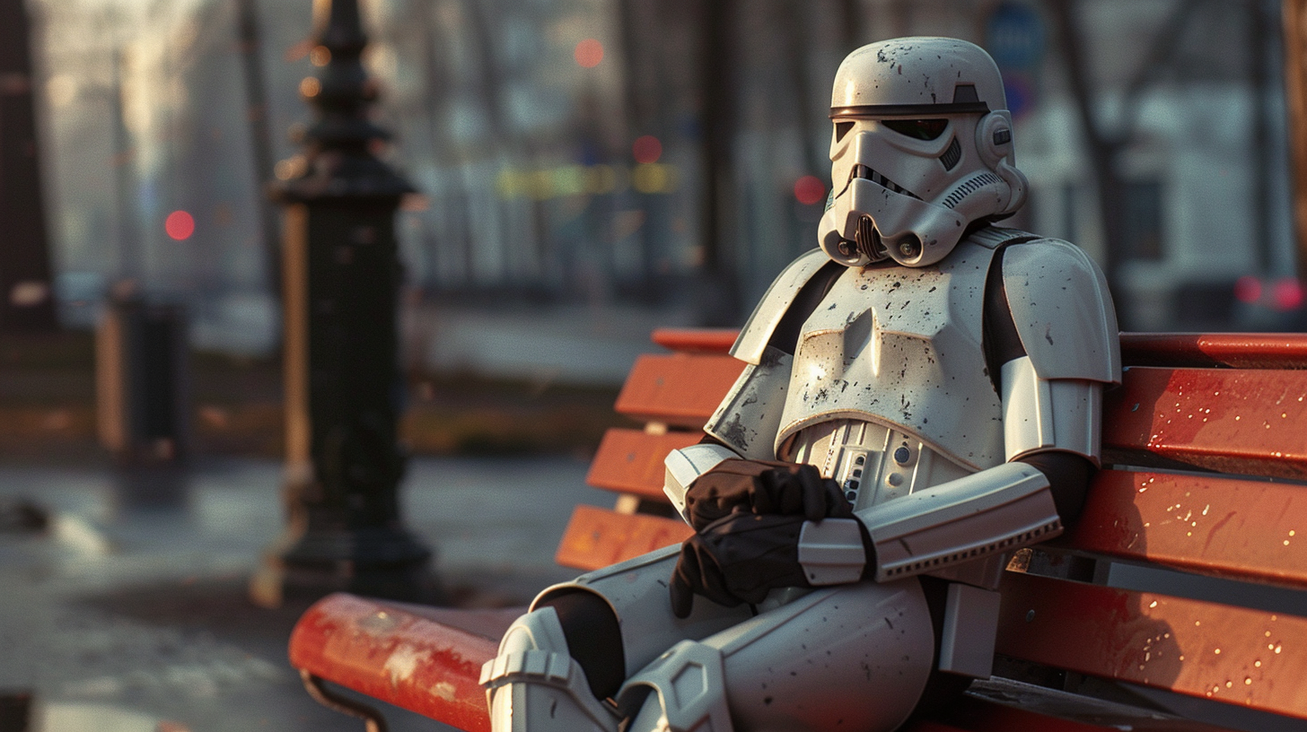 Storm trooper cleaning helmet on bench, realistic 4K image.