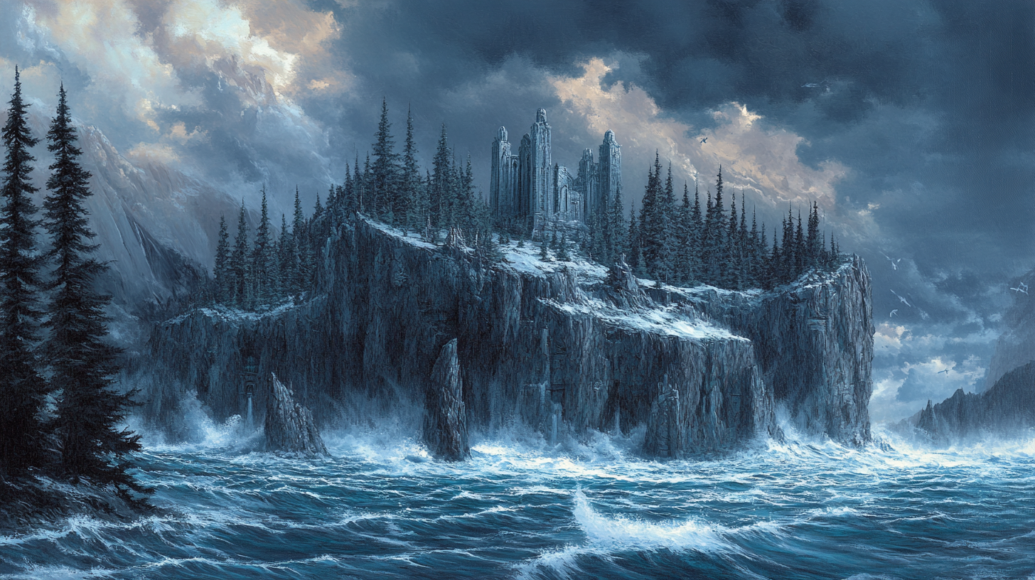 Stormy island with pine forests, mausoleums on icy cliffs.