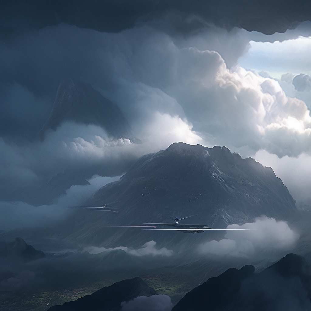 Stormy mountain range with realistic spaceship in distance.