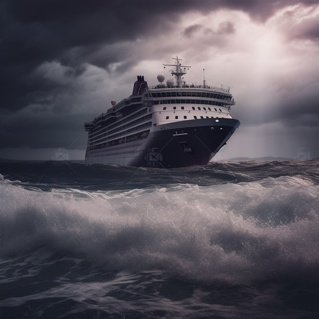 Stormy seas, lightning strikes, cruise ship with crown.