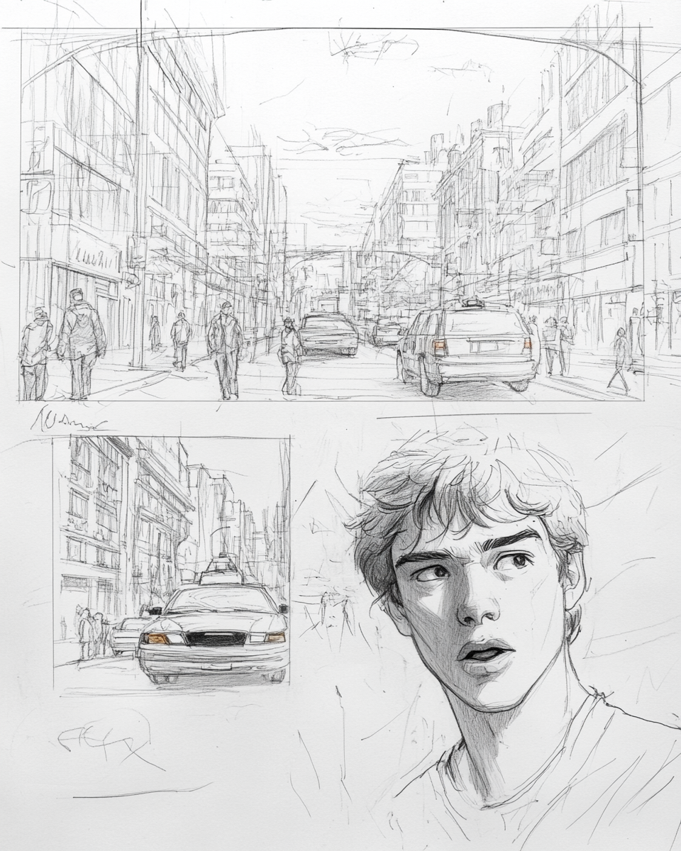 Storyboard sketch of city street scene with characters conversing.