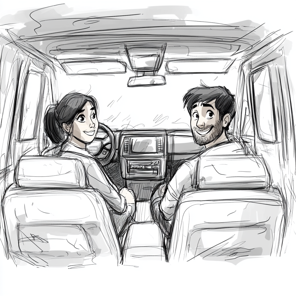 Storyboard sketch of man and woman in SUV smiling.