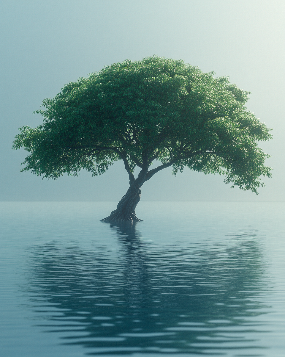 Strange, surreal tree in large lake, soft light.