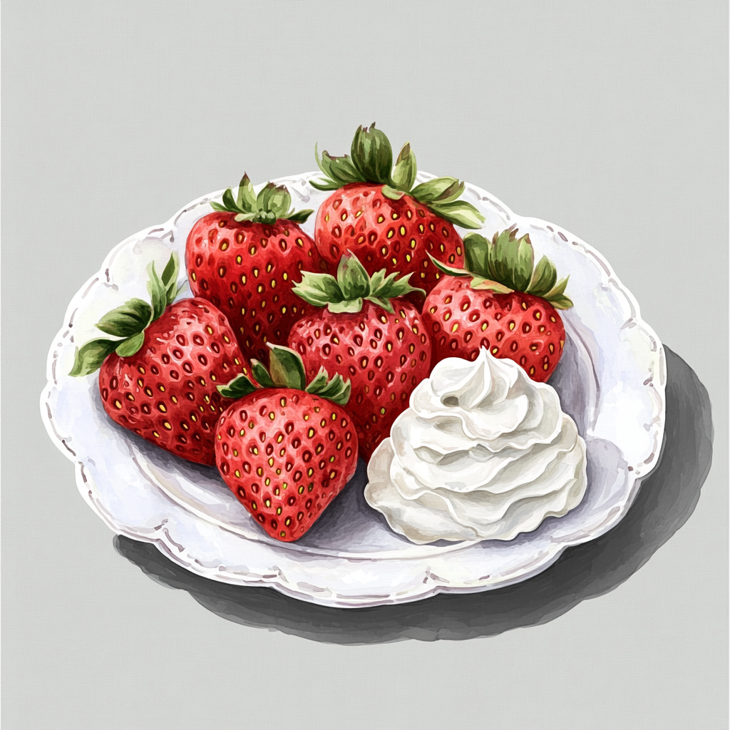 Strawberries and Whipped Cream on White Plate