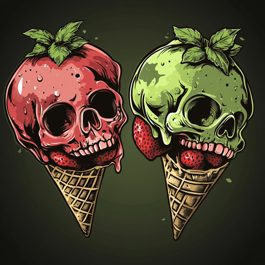 Strawberry and mint ice cream skulls in cone.