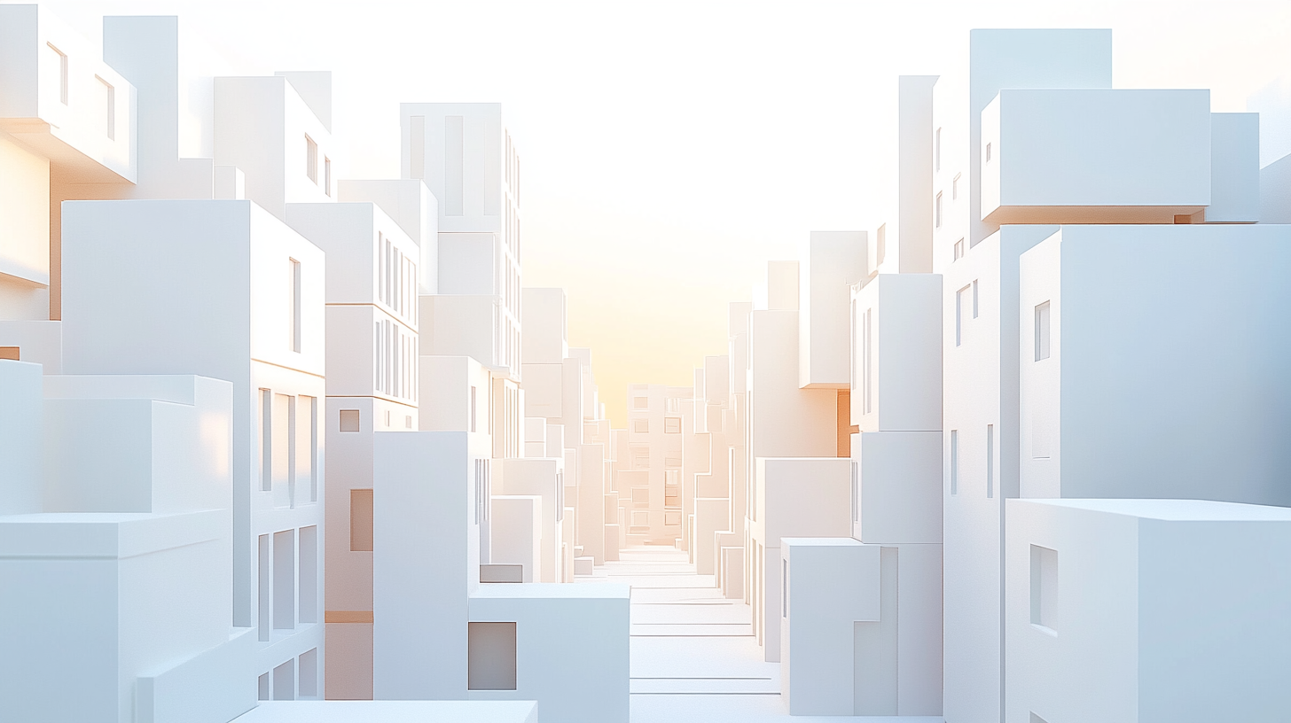 Street in white city with cubical buildings, sunny horizon.