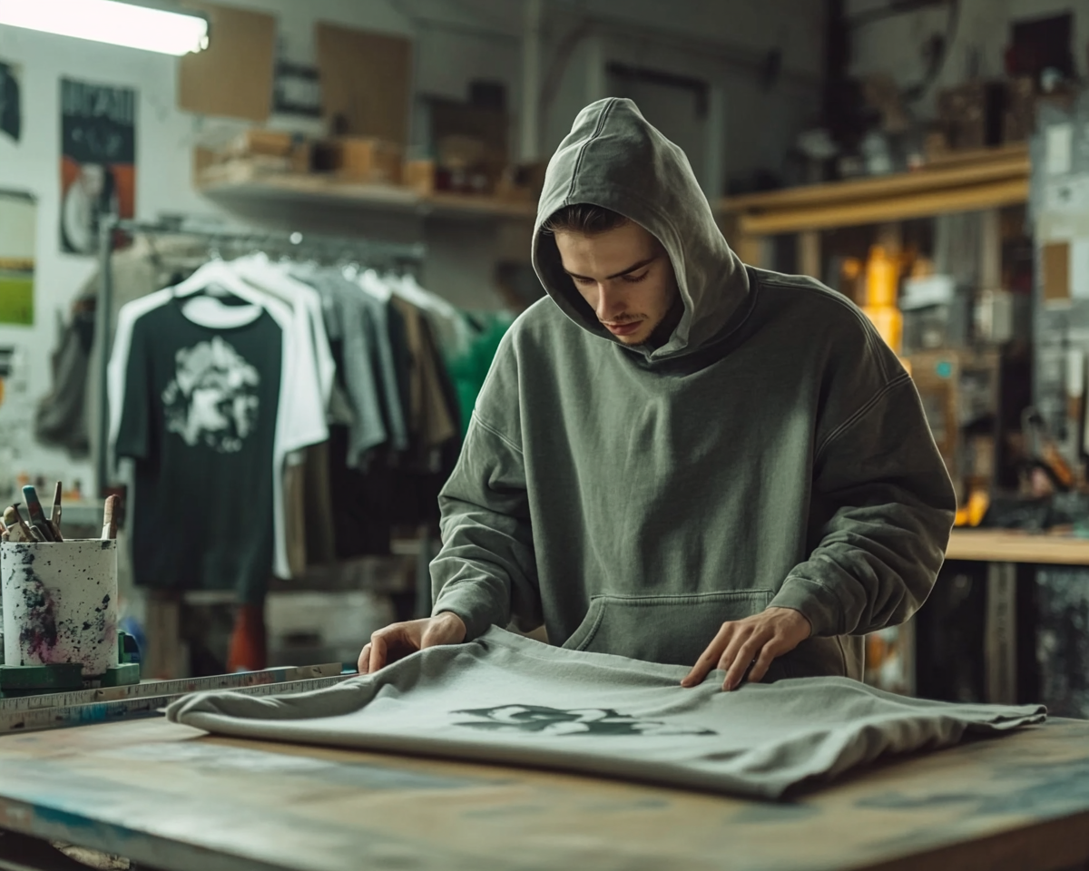 Streetwear designer measuring oversized hoodie in studio