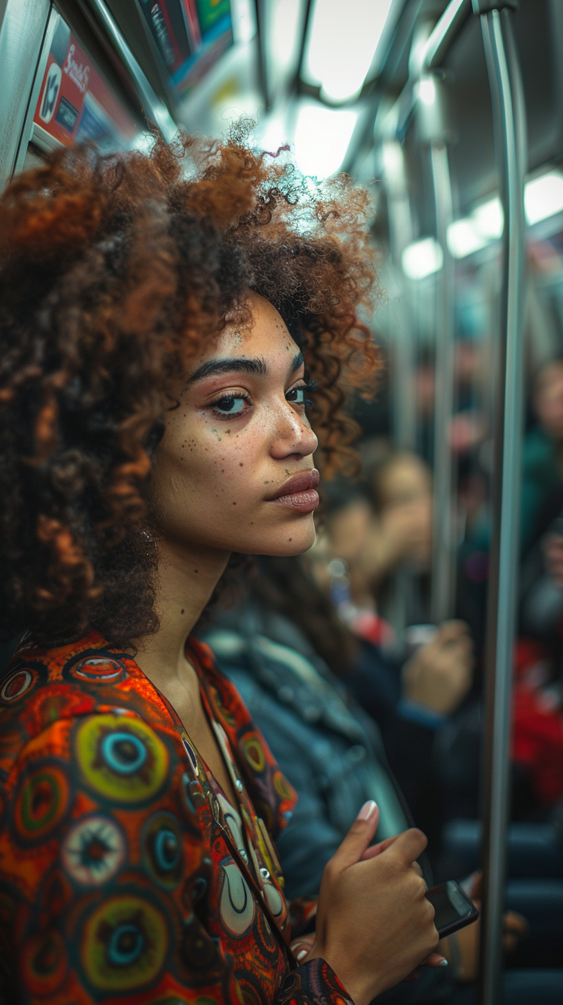 Stressed woman on NYC subway, others on phones.