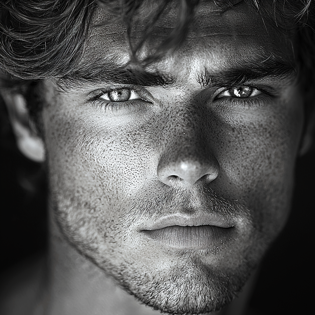 Striking man with intense eyes, chiseled features, tall figure.