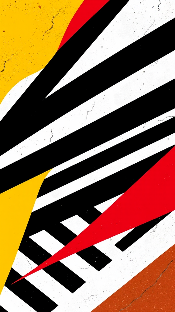 Stripes contrast with red and yellow angular shapes.