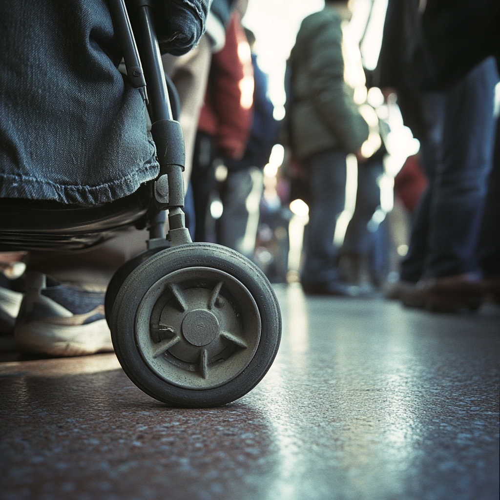 Stroller Wheel in Crowded Bus: Cinematic Close-up