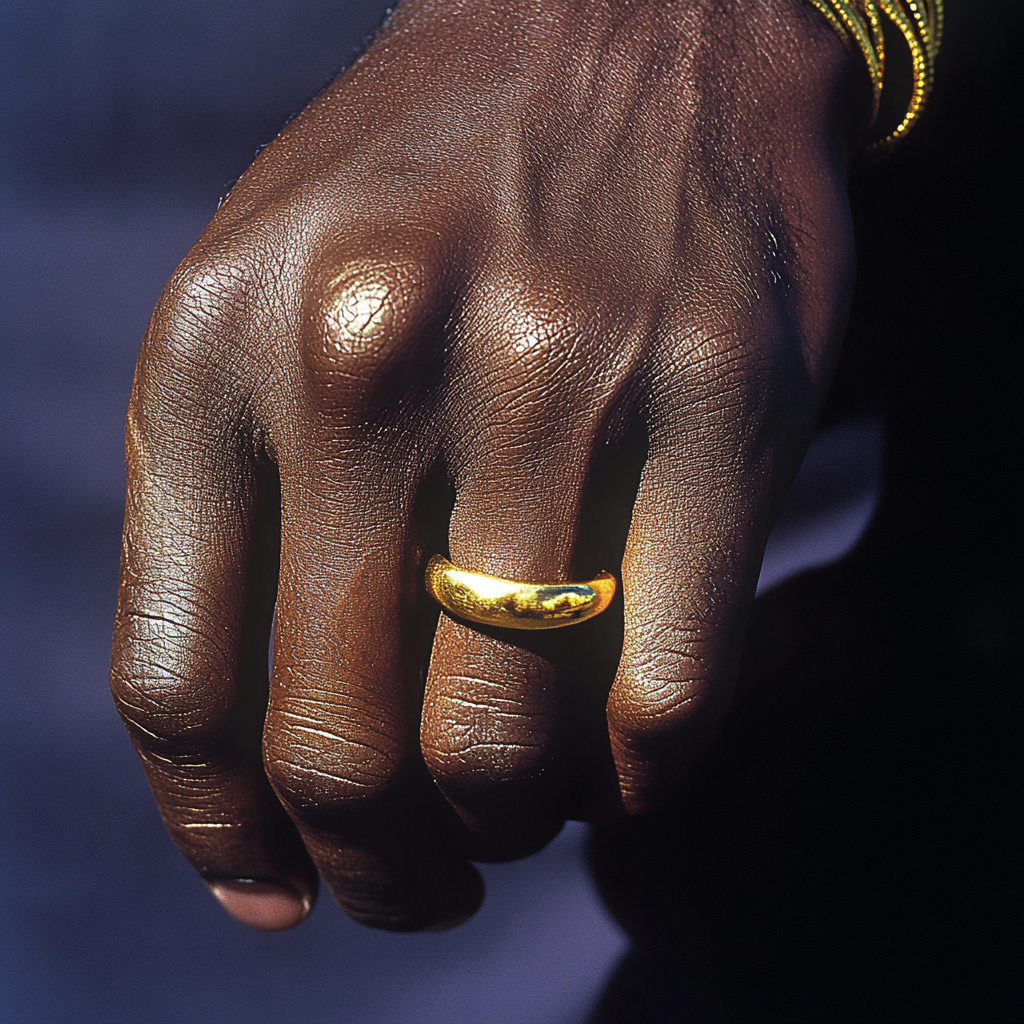 Strong African man's hand with golden rings and bracelet