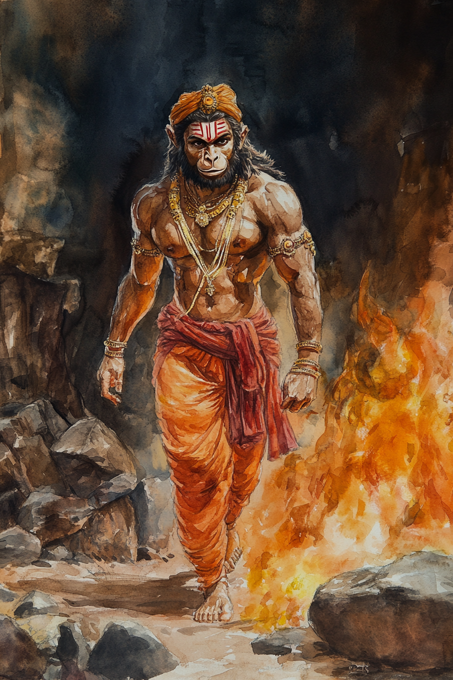 Strong Hanuman walking from burning Lanka, toned muscles showing.