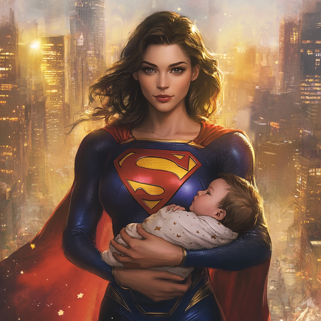 Strong Motherly Superman holding baby with flowing cape. Twilight Metropolis.