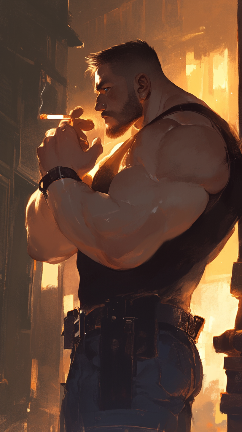 Strong Policeman in Dark Alley Lights Cigarette