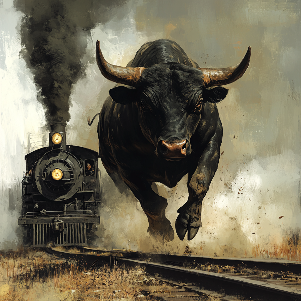 Strong black bull crushes train on railway, durable unscratched.