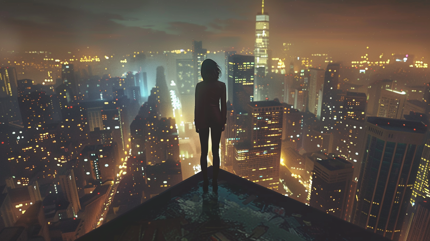 Strong businesswoman overlooking glowing city skyline from rooftop.