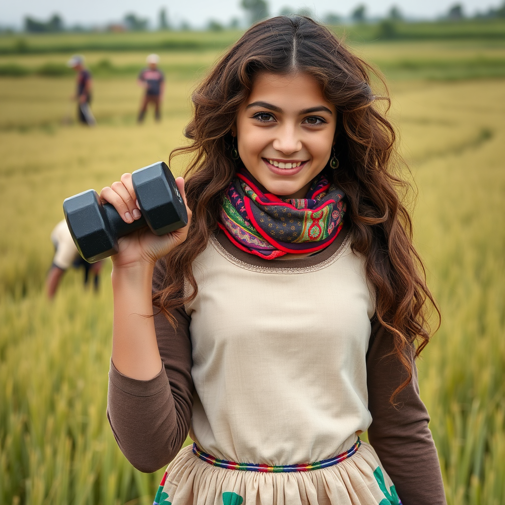 Strong girl in Iranian clothes holding dumbbell.