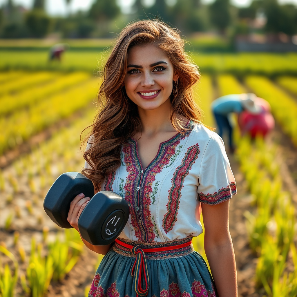 Strong girl in stylish Iranian dress near paddy field.