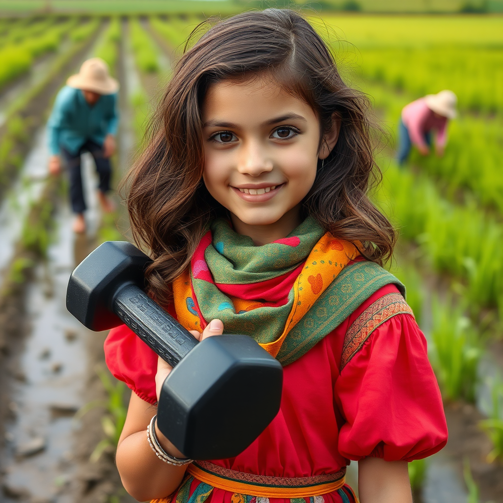 Strong girl in traditional Iranian dress holds dumbbell.