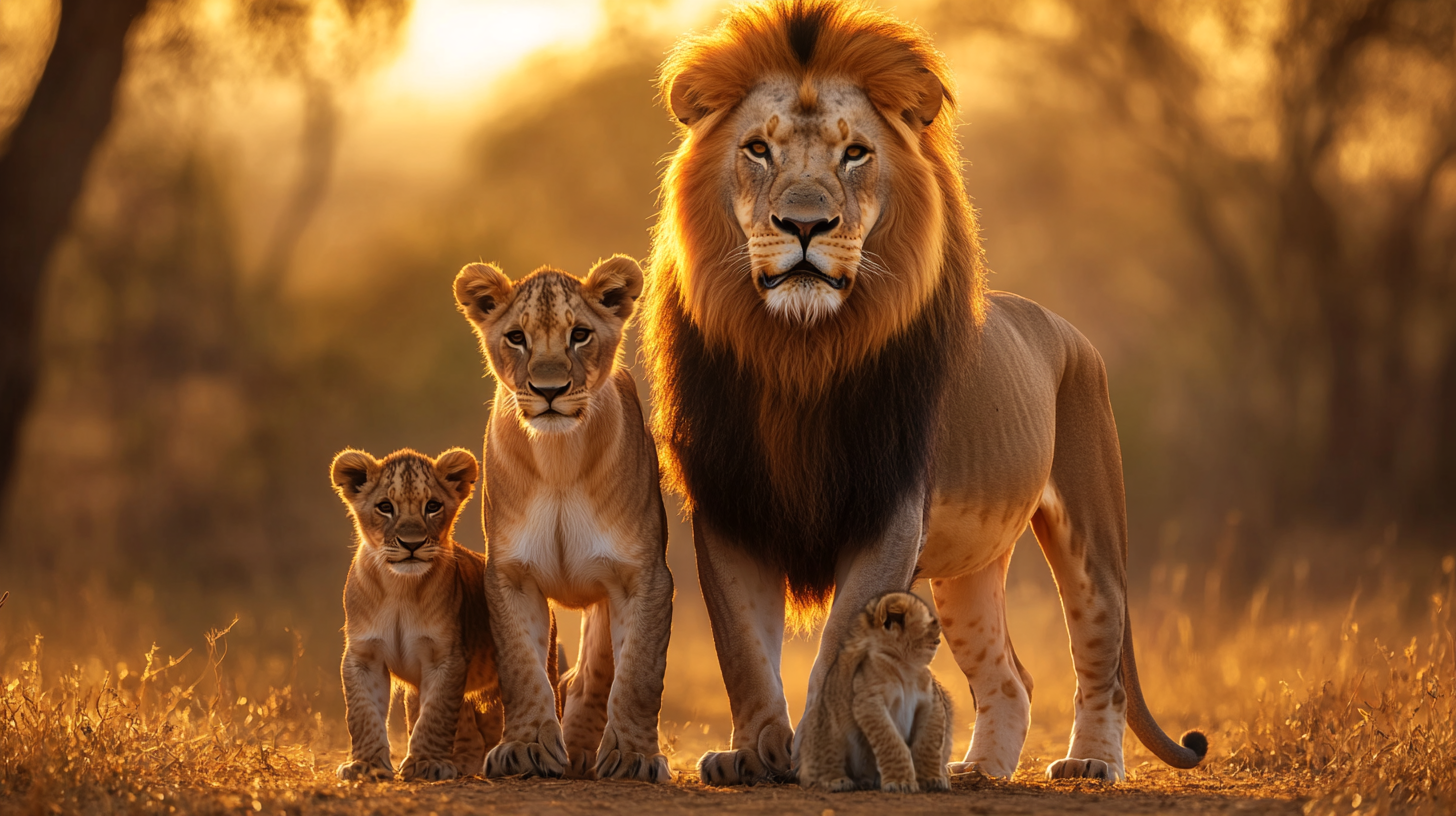 Strong lion couple with cubs, showing unity and resilience.