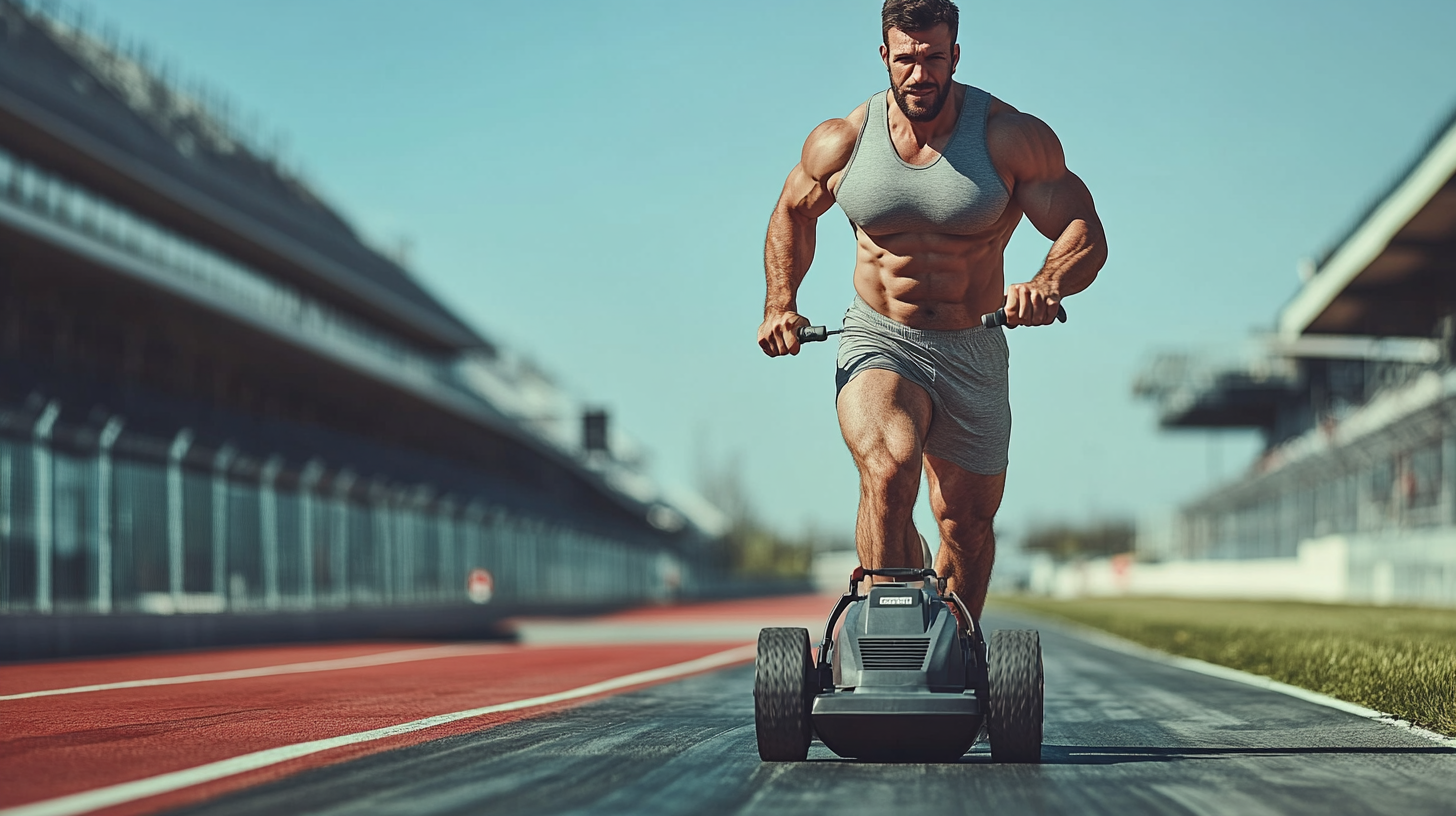 Strong man happily mowing grass at race track.